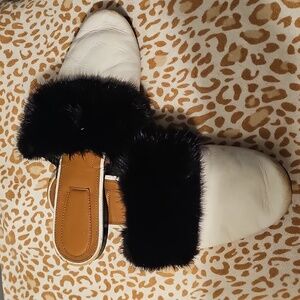 GIVENCHY FUN White Mules With Black Mink Fur Size 6.5